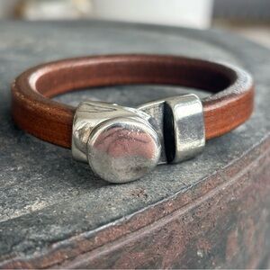 Leather Bracelet with Antique Silver Hook Clasp